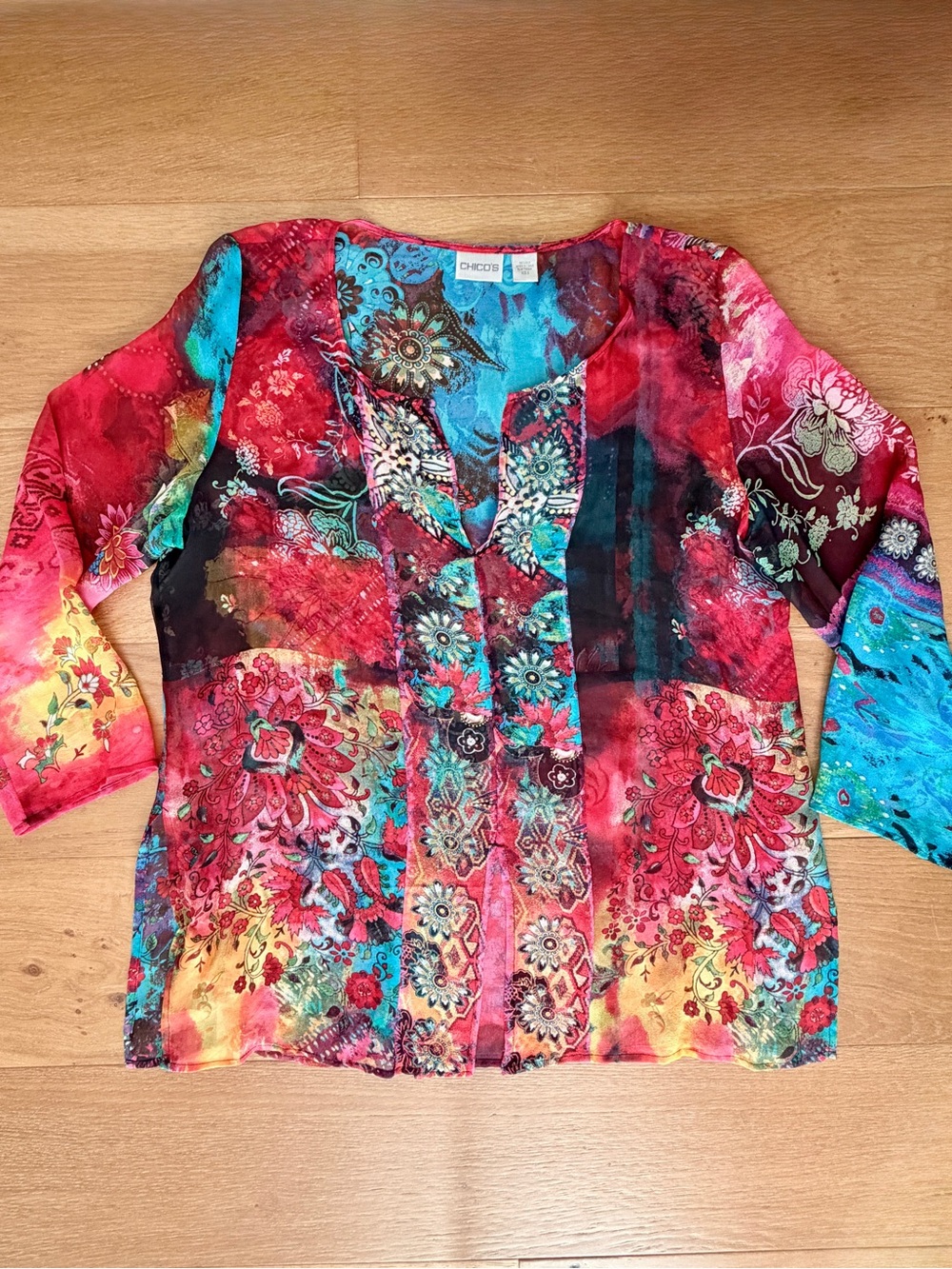 Chico's Silk Mosaic Paisley Split V-Neck Tunic Blouse Sz 2/L Art Bohemian Flowy